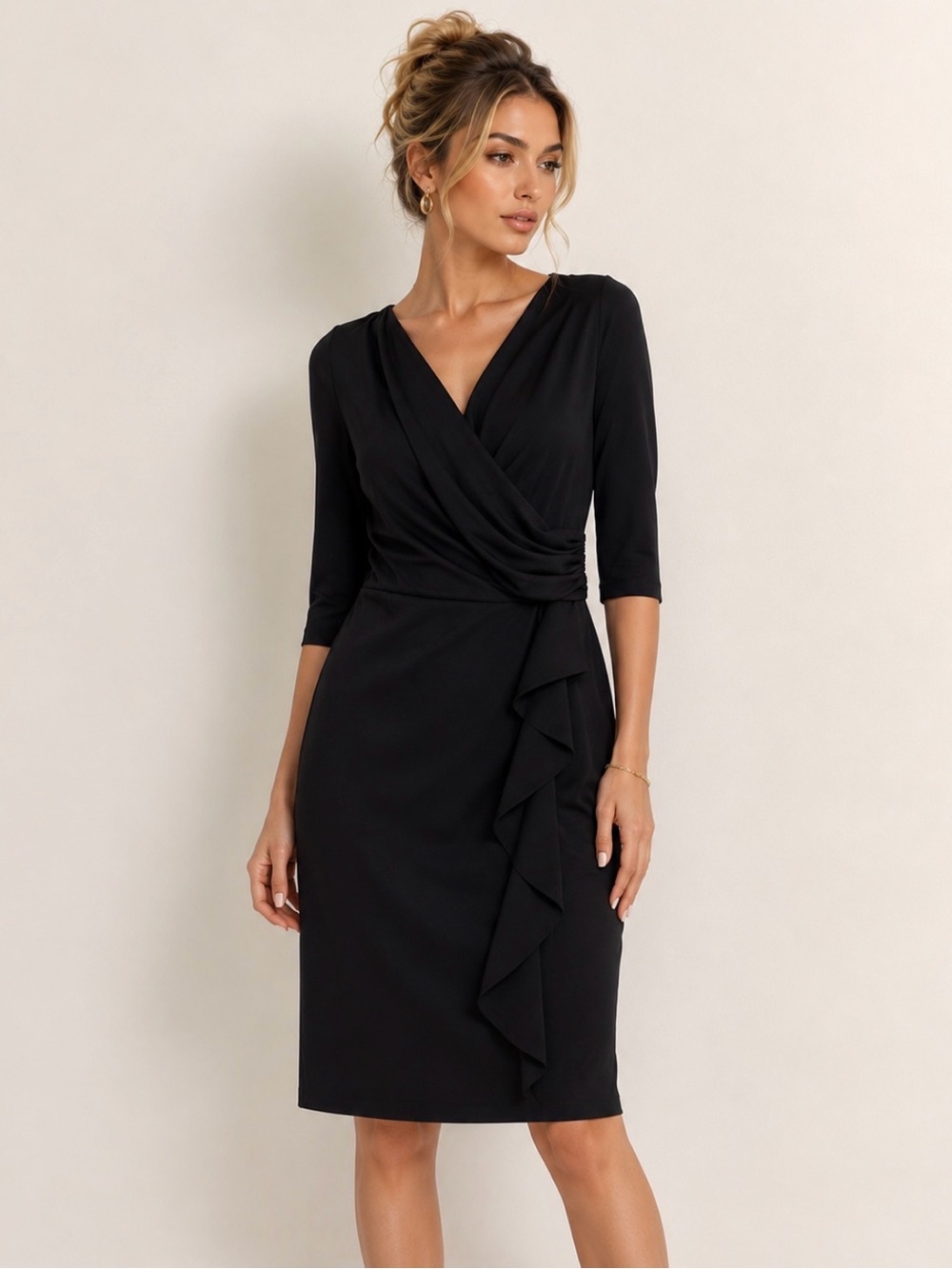 Ralph Lauren Black Surplice Midi Dress with Side Ruffle